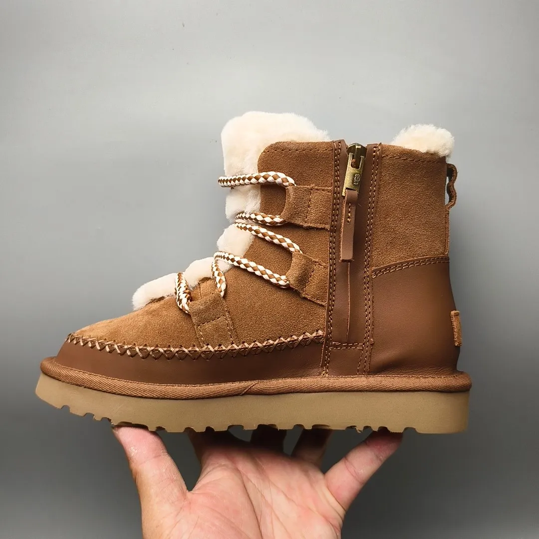 💰600 UGG sheepskin all-in-one snow boots 4574 lace-up side zipper casual shoes Color: Brown Maroon Matching size: 35-40